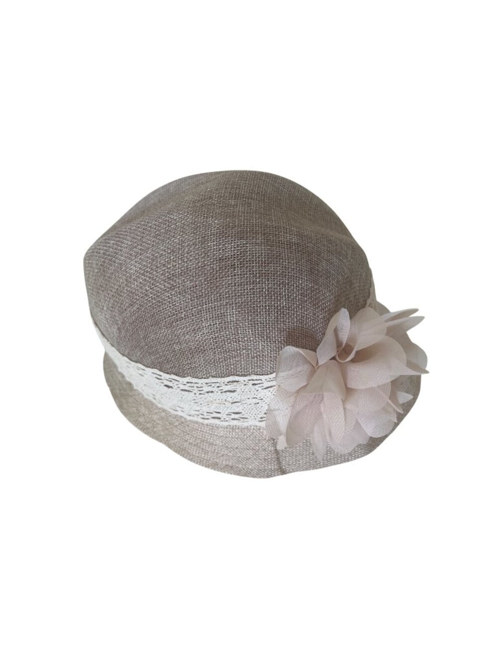 Angela & William Beige Cloche Hat With Lace Band & Floral Accent